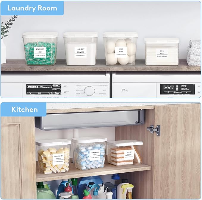 Lifewit 3+1 Laundry Pods Container & Dryer Sheet Holder, Large Powder Detergent Dispenser Storage Jars, Laundry Room Containers for Scent Booster Beads with Pop up Lids, Labels and Scoop