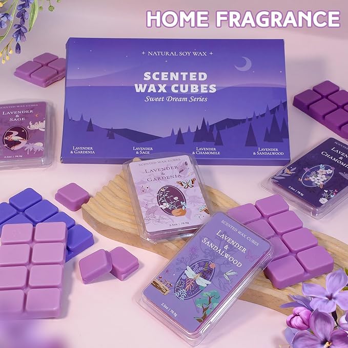 SCENTORINI Wax Melts, Wax Cubes Strong Scent, Long Lasting Lavender Scented for Sleep, Wax Melts for Warmer, 2.5 oz 4-Pack - Lavender & Gardenia, Sage, Chamomile, Sandalwood