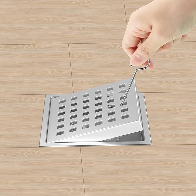 4-3/8 Inch Square Shower Floor Drain Brushed Stainless Steel Drain Kit with Flange, Removable Grid Cover, Hair Strainer