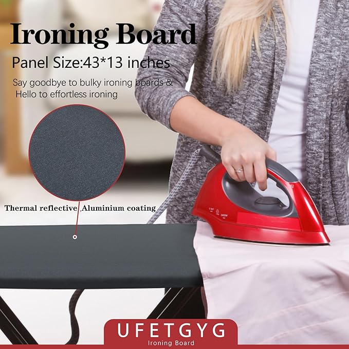 Ironing Board, Metal Panel Iron Board |43" X 13" W/with Iron Rest | Full Metal Construction| Height Adjustable | Heat & Scorch Resistant Fabric | Anti-Skid Feet | Heavy Duty| Easy to Fold