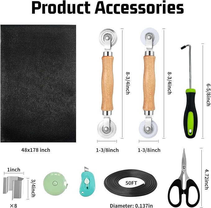 Window Screen Replacement,Screen Door Repair Kit, 48"x178" Black Window Screen Mesh,Including 50 FT Splines+Hooks+2 Rollers+8 Clips+Scissors+Knife+Tape Measure,Fully Equipped Window Screen Repair Kit