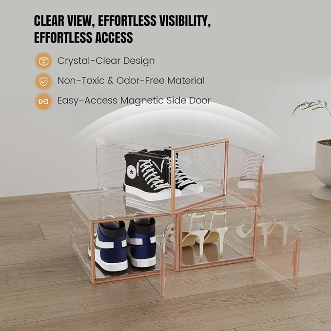 X-Large Stackable Shoe Boxes - Clear Plastic Shoe Storage Boxes with Magnetic Door, Thicken Shoe Organizer for Closet, Space Saving Foldable Shoe Containers Bins for Sneaker Boot - 6 Pack(Brown)