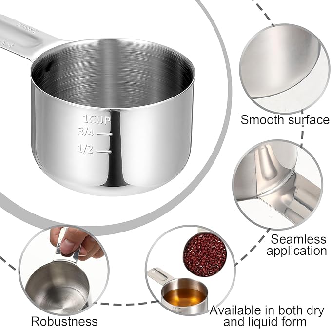 Stainless Steel Measuring Cup, 1 Cup Rice Measuring Cups (8 oz | 240 ml), Single Measure Cups, Kitchen Gadgets, Metal Measure Scoop for Cooking Baking, Laundry Detergent, Wet and Dry Ingredients