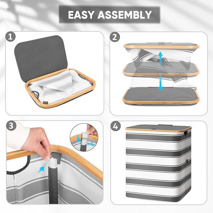 BALEINE Laundry Hamper with Lid, Tall Laundry Baskets with Bamboo Pull Handles, Large Laundry Bin with Internal Support (36 Gal/140L, Grey Stripe)
