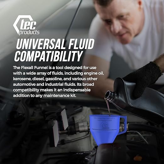 TEC Products FlexAll Long Flexible Funnel for Automotive Use - Durable Nitrile Rubber - Ideal for Car Oil Change, Transmission Funnel Fluid, Diesel, Fuel, Gas - Made in USA - Blue (12 x 4 Inches)