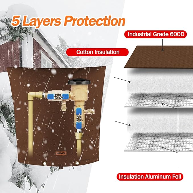 TOHONFOO Backflow Preventer Pipe Insulation Cover (5°F) - Irrigation Sprinkler Valve Insulated Pouch - Water Well Pump Cover - Sturdy 5 Layers for Winter Freeze Protection, 24" W x 26" H, Brown