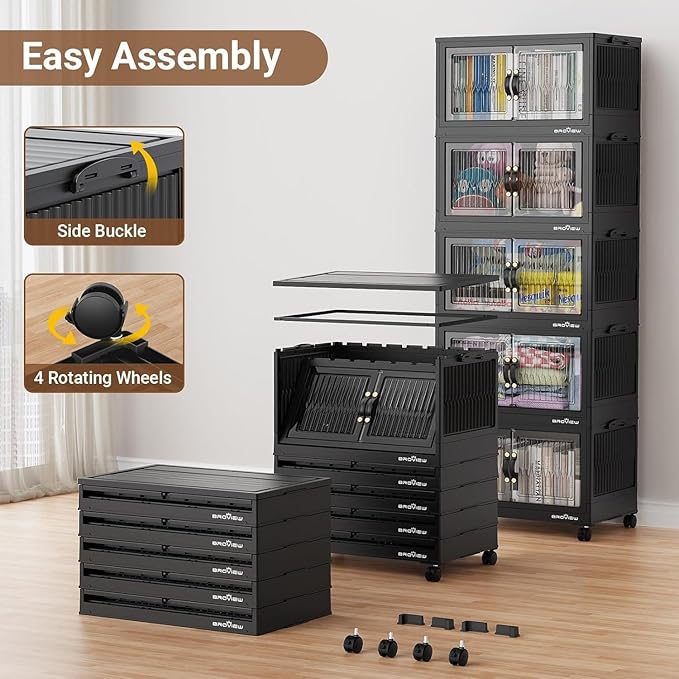 BROVIEW 400Qt Stackable Storage Bins with Lid, Extra Large Closet Organizer Collapsible Drawer Boxes with Wheels, Folding Plastic Cabinet Containers for Home Kitchen Room Organization, 5Pack Black