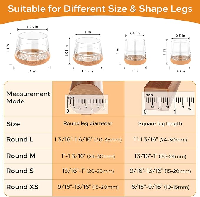 Meldel 24 PCS Silicone Chair Leg Floor Protectors Large (1.2"-1.4") Rubber Felt Furniture Pads Chair Legs Caps/Covers for Hardwood Floors, Tile from Scratches & Reduce Noise - Round, Clear