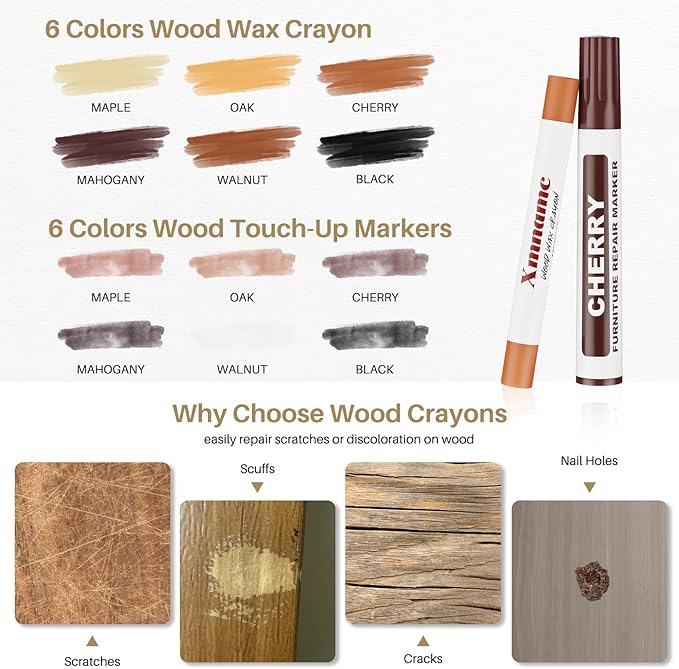 Wood Repair Wax Crayons, 12 Colors Wood Repair Wax Pens Furniture Touch Up Markers, Wood Crayons for Scratches, Scuffs, Cracks, Nail Holes