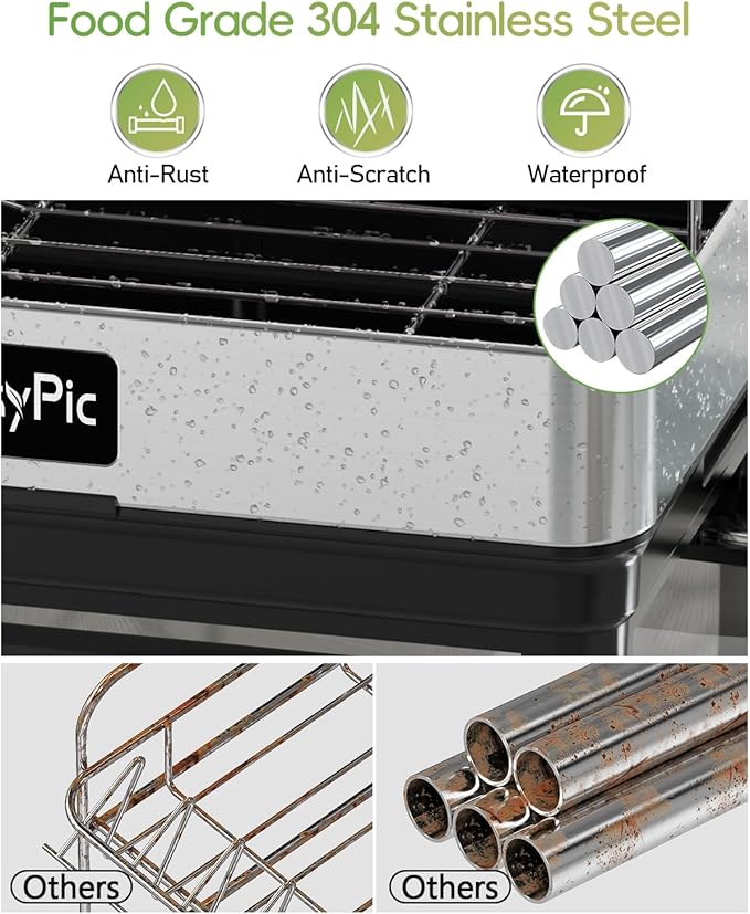 2 Tier Dish Drying Rack, Thicker Premium 304 Stainless Steel Dish Racks for Kitchen Counter, Automatic Drainage Spout, Dish Drainer & Drainboard Set with Utensil Holder and Cup Holder, Black