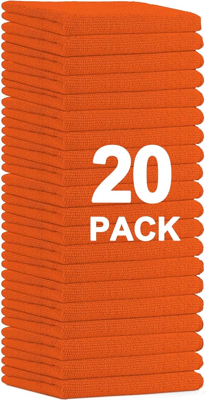 MRD's Home 20Pack Microfiber Cleaning Cloth in Bag,Multi-Purpose Reusable Cleaning Wipes Rags,Lint Free,Scratch & Streak-Free Cloth for Car,Small Microfiber Towels for House Wash,12" x 12"（Orange）