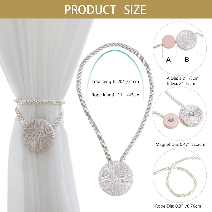 Magnetic Curtain Tiebacks - 12mm Magnetic Tie Backs for Curtains, Heavy Duty No Drill Curtain Holdbacks for Home/Office Windows Drapes, Elegant Gift-Ready Design 7 Colors (2, Beige)