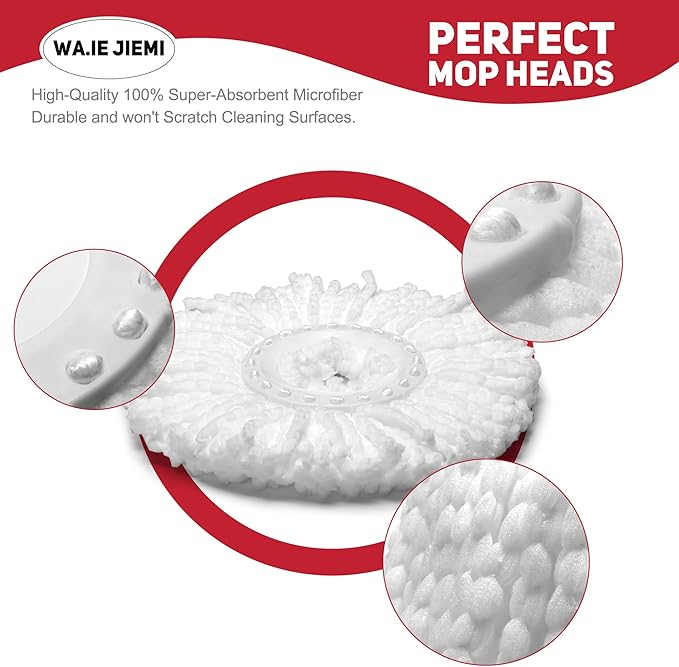 6-Pack White Mop Replacement Heads with 1 Spin Mop Scrub Brush - Microfiber Replacement Mop Heads Universal for 360°Spin Magic Mopping,Round Shape Standard Size