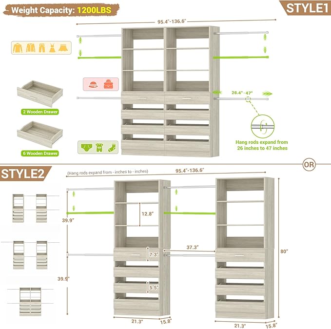 Aheaplus Closet System, 6-15Ft Closet Organizer with 8 Wooden Drawers, Wood Closet Organizer System with Tower, Walk-in Closet Organizer Wardrobe Garment Clothes Rack with 4 Hanging Rods, White Oak