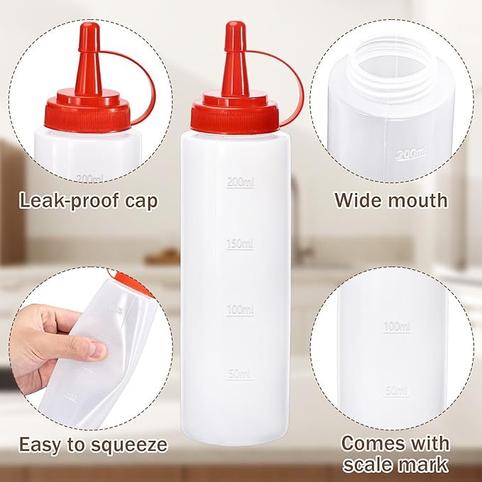 Condiment Squeeze Bottles Ketchup Dispenser, 2 Pack 8oz Squeeze Bottles for Liquids, Plastic Sauce Bottle with Cap Lid, Squirt Bottles for Sauces Liquids BBQ Dressing Pancake Art
