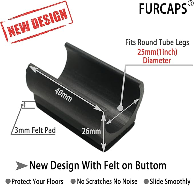 Rectangle U Shaped Chair Leg Tips Cap with Felt Pads,Furniture Feet Protectors Slide Smoothly Glides,Protect Hardwood Floor No Scratches No Noise,Fit 25mm(1 inch) Diameter Tubular Legs (Black 8PCS)
