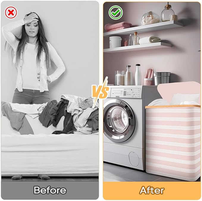 BALEINE Laundry Hamper with Lid, Tall Laundry Baskets with Bamboo Pull Handles, Large Laundry Bin with Internal Support (36 Gal/140L, Pink Pinstripe)