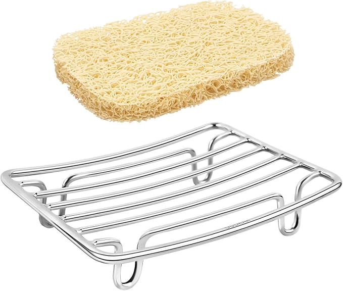 Bar Soap Dish Holder for Shower Bathroom Stainless Steel Rust Proof Self Draining with Beige Soap Saver Pad