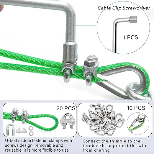 3/16" Wire Rope, 100 Ft PVC Coated Wire Cable Metal Steel Cable Trellis Kit, Multi-use Clothes Line Cable for T Post/Climbing Grapevines Plants Outdoor/String Light Hanging Kit