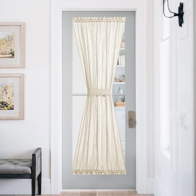 NICETOWN Privacy Door Curtain - Linen Textured French Front Door Curtain Semi Sheer Panel Tieback for Kitchen (52 inches W x 72 inches L, Beige, 1 Panel)
