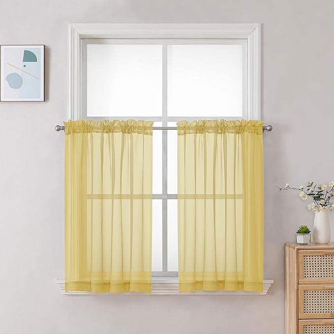 Chyhomenyc Yellow Sheer Curtains 30 inch Length 2 Panels, Light Filtering Voile Rod Pocket Short Window Curtians for Bathroom Living Room Farmhouse Small Windows, 42Wx30L inches