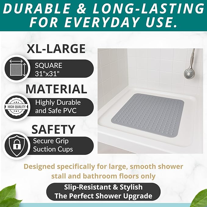 ENKOSI Extra Large Square Non Slip Shower Mat - 31 x 31-inch XL Bathroom Shower Mat - Square Shower Matts for Shower Stall Floors - Secure Suction Cups and Drain Holes (31x31 Grey)