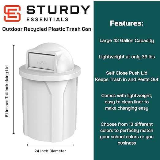 42 Gallon Circle 100% Recycled Plastic Heavy Duty Outdoor Commercial Trash Can with Push Open Dome Lid and Internal Liner | Great for Schools and Businesses - White
