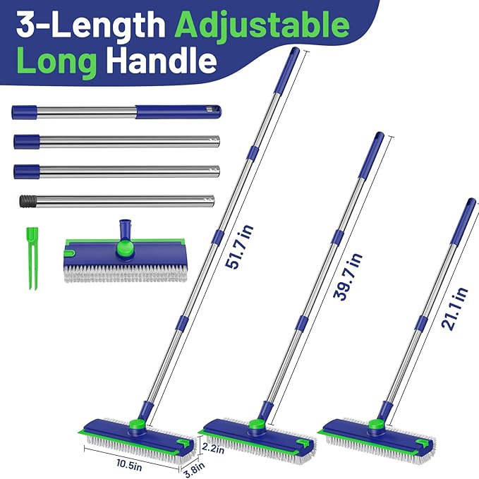 Floor Scrub Brush with Long Handle: 3 in 1 Heavy-Duty Floor Scrubber Brush with Squeegee for Cleaning Tile Bathroom Deck Kitchen Patio