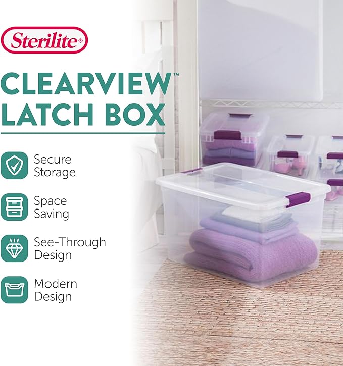 Sterilite 6 Pack 66 Quart ClearView Latch Box, Stackable Organizer Bins with Latching Lids - Clear Plastic Organization Containers for Closet, Bedroom, Shelving Units and Everyday Home Storage