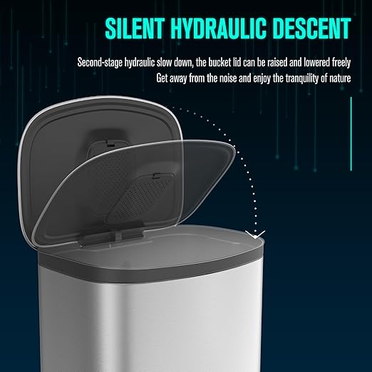13 Gallon Stainless Steel Foot Pedal Large Trash Can with Soft Close Quiet Curved Surface Top Lid and Deodorant Storage Space, with 30 Garbage Bags for Kitchen/Home/Office Trash can and More - Silver