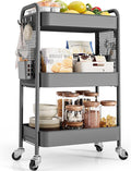 TOOLF 3 Tier Rolling Cart Storage Organizer, Metal Rolling Utility Cart with Wheels, Hooks & Bins Esthetician Craft Art Sturdy Storage with Pegboard for Bathroom, Kitchen, Office, Nursery Diaper