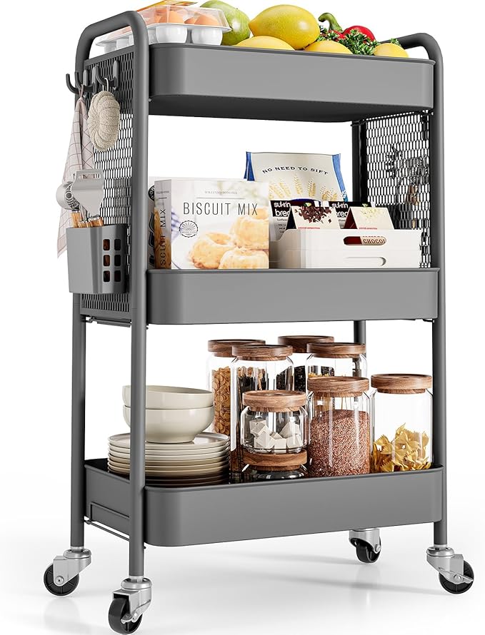 TOOLF 3 Tier Rolling Cart Storage Organizer, Metal Rolling Utility Cart with Wheels, Hooks & Bins Esthetician Craft Art Sturdy Storage with Pegboard for Bathroom, Kitchen, Office, Nursery Diaper