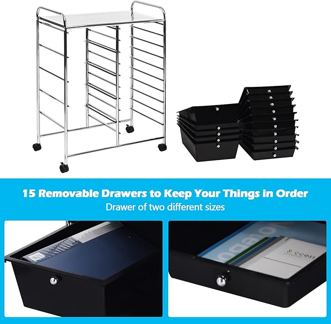GOFLAME 15-Drawer Rolling Storage Cart, Multipurpose Movable Organizer, Utility Cart for Home, Office, School, Black
