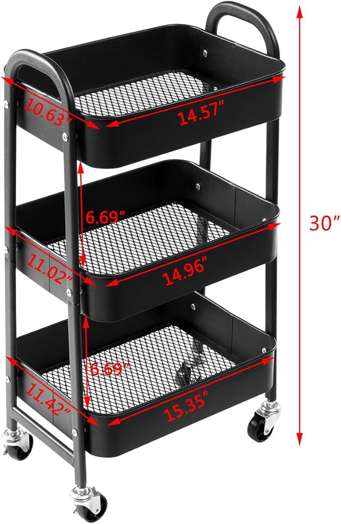 AGTEK Makeup Cart, Movable Rolling Organizer Cart, Black 3 Tier Metal Utility Cart