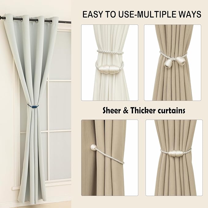 Magnetic Curtain Tiebacks Rope Curtain Tie Backs for Curtains 4 Pack Curtain Holders for Drapes Decorative Window Curtain Holdbacks, White