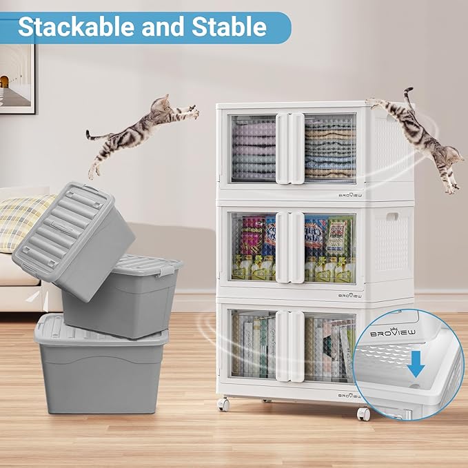 BROVIEW 140Gal Stackable Storage Bins with Lids & Wheels, 560Qt Plastic Collapsible Closet Organizer and Storage Drawers, Storage Boxes Cabinets for Home, Office, 7 Pack, White