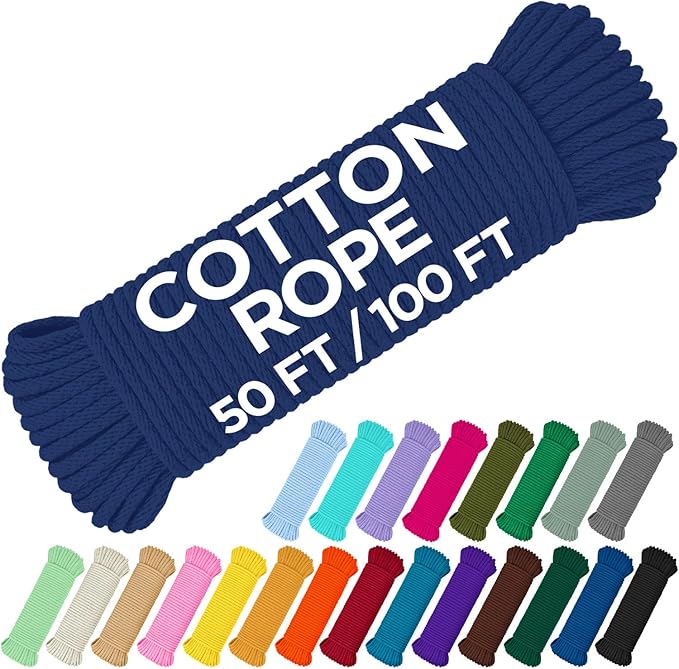 TECEUM Cotton Rope 3/16” (5 mm) – 50 FT – Strong All-Purpose Braided Rope – Natural Cotton – for Crafting, Сamping, Clothes Line, DIY, Indoor & Outdoor Use – Navy Blue
