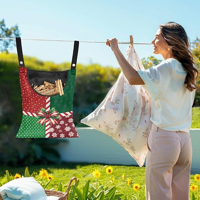 Christmas 2025 Adjustable Clothespin Storage Bag - Hanging Rope Organizer for Indoor/Outdoor Laundry Room & Closet Door