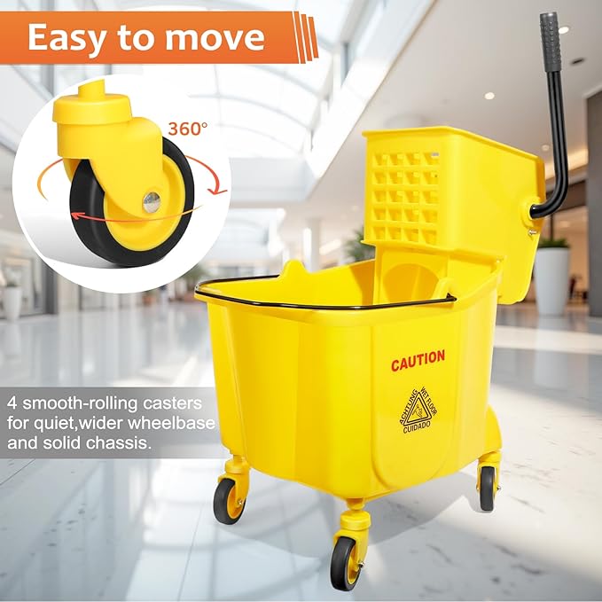 38 Qt Commercial Mop Bucket with Side Press Wringer on Wheels and Mops Set for Floor Cleaning,Including 1 Industrial Mop and Wet Floor Caution Sign,Yellow,Beyoco