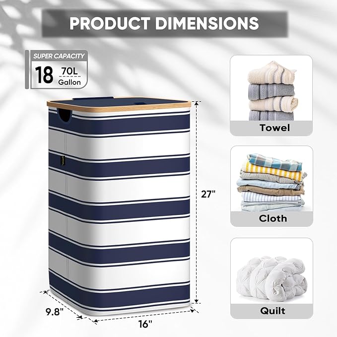 BALEINE Laundry Hamper with Lid, Tall Laundry Baskets with Bamboo Pull Handles, Large Laundry Bin with Internal Support (18 Gal/70L, Blue Stripe)