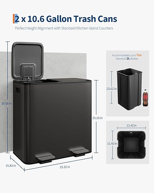 GarveeHome 2 x 10.6 gal Stainless Steel Double Trash Can with Lid for Kitchen, Large Dual Trash and Recycle Bin Combo, Step-on Kitchen Metal Garbage Cans, PP Inner Buckets, Liner Rim, Matte Black