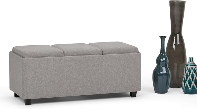 SIMPLIHOME Avalon 42 inch Wide Contemporary Rectangle Storage Ottoman in Cloud Grey Linen Look Fabric, Assembled, for the Living Room, Entryway and Family Room