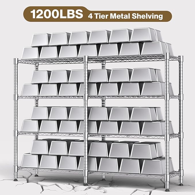Himimi 4-Tier Heavy Duty Metal Storage Rack, 1200LBS Adjustable Wire Shelving for Storage, Standing Storage Shelf Units for Kitchen Garage Pantry Laundry, 60" W x 14" D x 60" H, Silver
