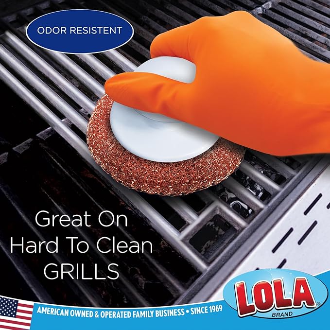 LOLA Copper Mesh Scouring Pad w/Comfort Knob, 144 Pack, Heavy Duty Cleaning Pads, Knitted Wire Mesh, Cleans Caked-On & Baked-On Messes