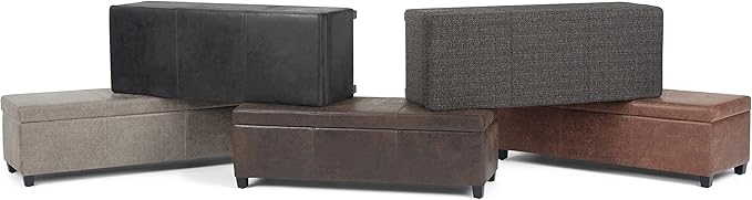 SIMPLIHOME Avalon 48 inch Wide Contemporary Rectangle Storage Ottoman Bench in Distressed Brown Vegan Faux Leather, Assembled, for the Living Room, Entryway and Family Room