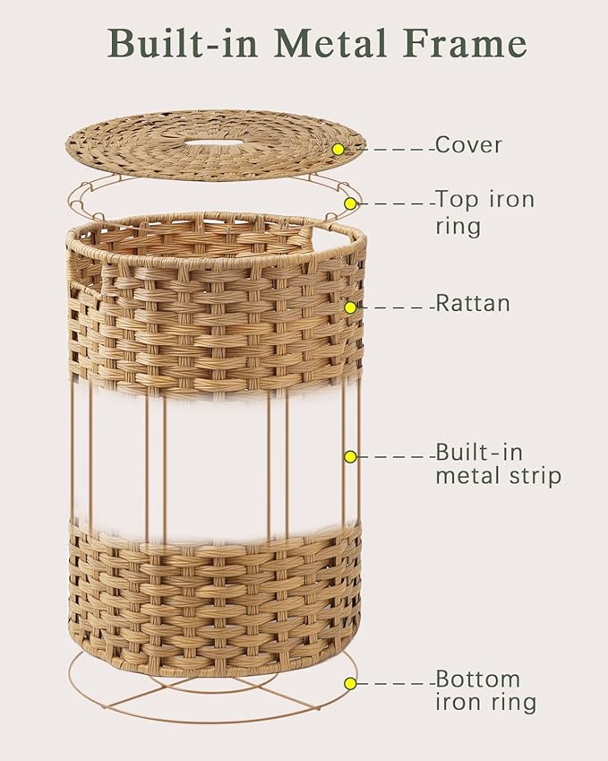 Laundry Hamper with Lid Laundry Basket with Lid 19.0 Gal (72 L) Round Wicker Laundry Basket Handwoven Rattan Hamper Removable Bag 2 Mesh Bags Handles for Living Room Bathroom Natural
