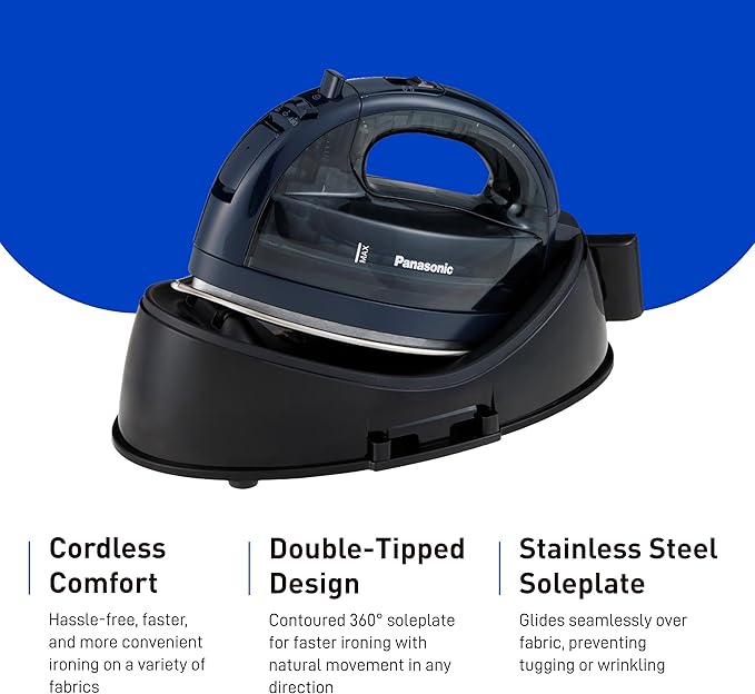 Panasonic NI-WL700A Cordless Steam/Dry Iron, 1500W Wide Stainless Steel Plate, Black/Dark Blue