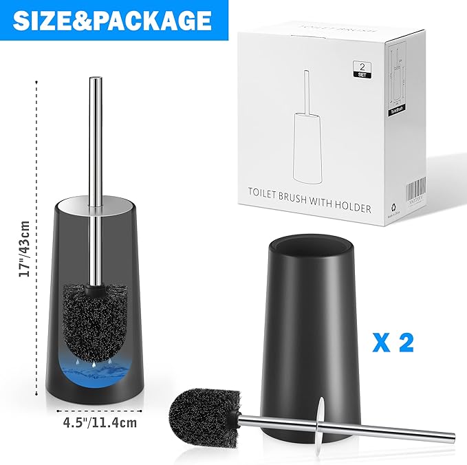Toilet Brush and Holder, Toilet Brush with 304 Stainless Steel Long Handle, Toilet Bowl Brush for Bathroom Toilet-Ergonomic, Elegant,Durable（Black）