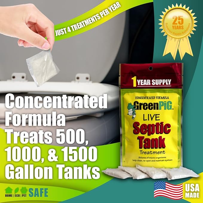 GREEN PIG Septic Tank Treatment Packets, Septic Safe Clog Remover, Prevents Expensive Septic Tank and Drain Field Failures, 4 Pods, 1-Year Supply