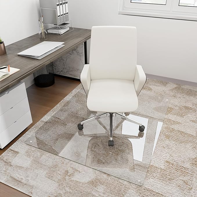 Tempered Glass Floor Mat for Office Chair, 36" x 46" Heavy Duty Hard Office Chair Mat, for Carpeted or Hard Floor, with 4 Anti-Slip Pads, Transparent